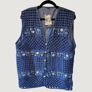 Simran Denim Vest Women Small Blue‎ Floral Embroidered Lattice  Boho Western